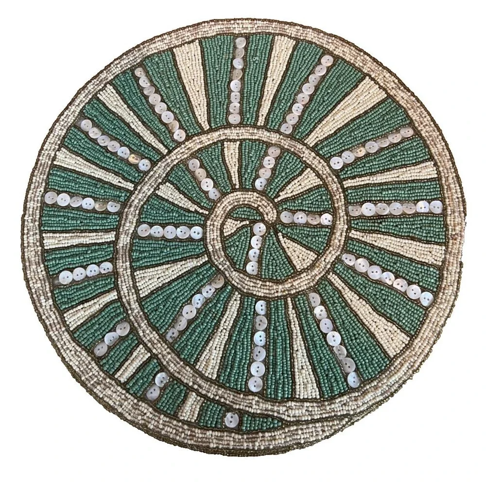 Pier 1 vintage placemat snail beaded green ivory beaded heavy large set of 4